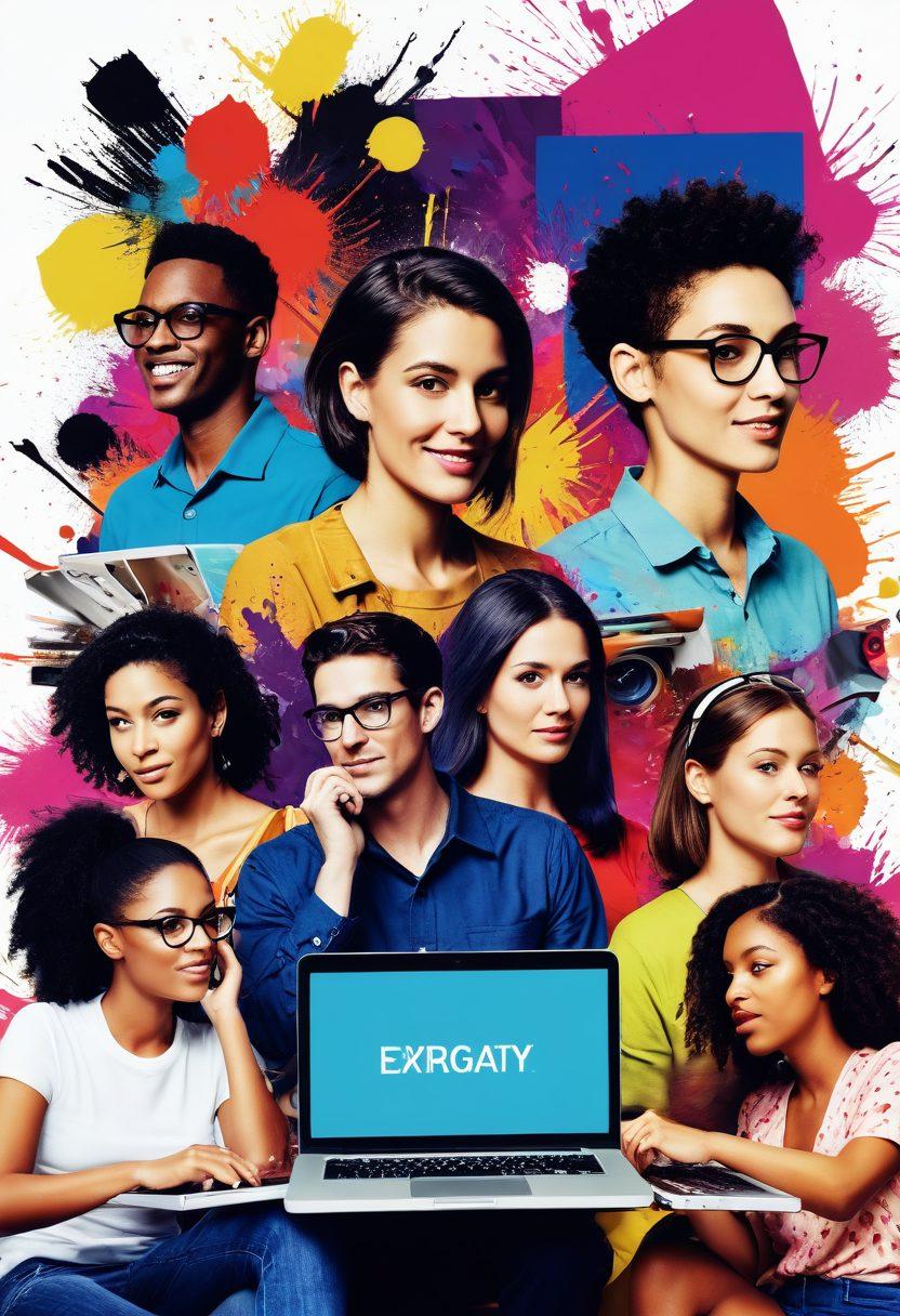 A dynamic collage showcasing a diverse group of adults engaged in creative activities, featuring laptops and cameras, with flirtatious yet artistic NSFW video content on screens. Incorporate bold colors and abstract shapes to represent creativity, and a soft-focus effect to evoke an inviting atmosphere. Highlight elements of expression such as paint splatters and film reels. modern digital art. vibrant colors. abstract style.