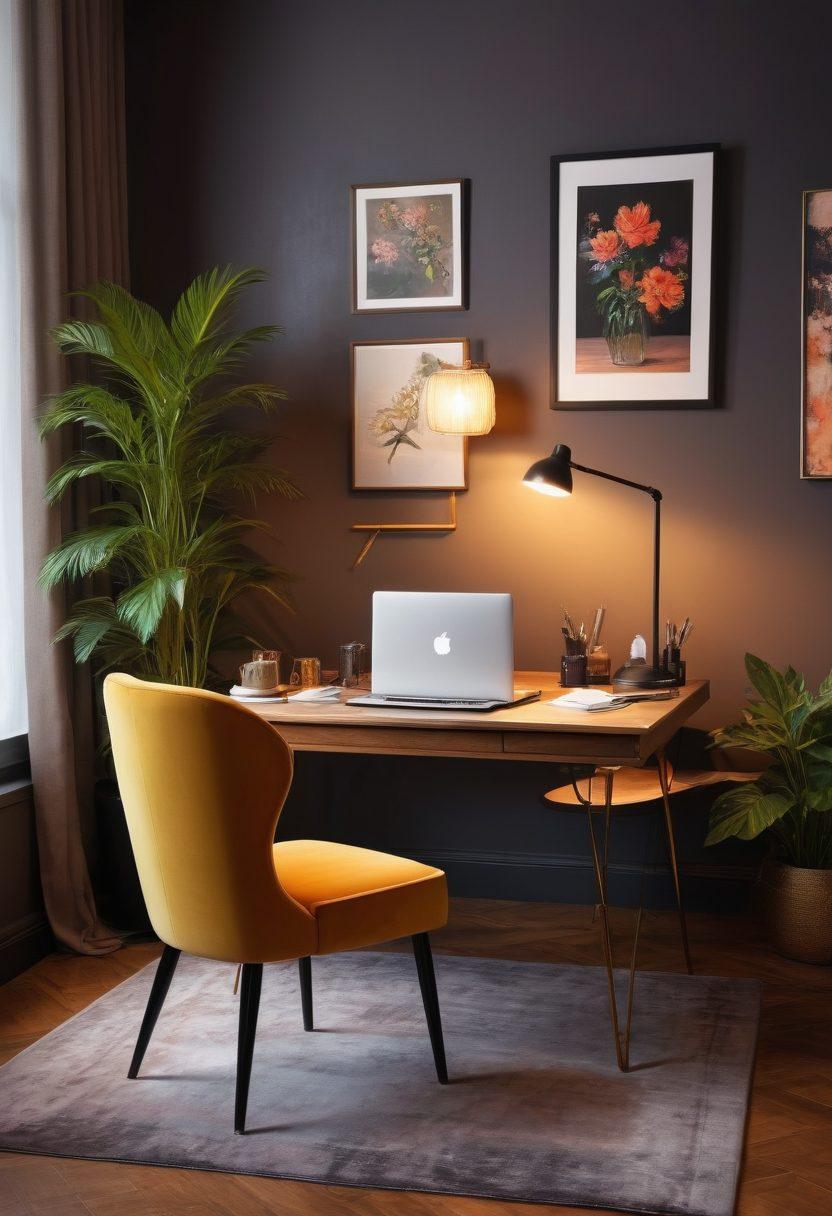 A seductive and elegant workspace featuring a sleek laptop open to a stunning adult entertainment blog, adorned with artistic visuals and rich colors. Surrounding the workspace are tasteful decor elements – soft lighting, plush seating, and eye-catching artwork. Include a stylish notebook and a steaming cup of coffee, adding an inviting atmosphere. The overall mood is both sophisticated and alluring. super-realistic. vibrant colors. cozy setting.