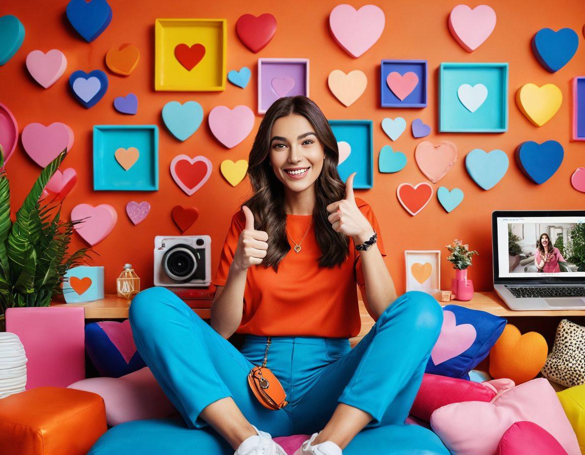 A visually striking scene featuring a lifestyle blogger in a vibrant setting, engaging with viewers through explicit video content; colorful lifestyle decor surrounding, with elements symbolizing connection and interaction, such as hearts or thumbs up floating around. Include a high-tech camera capturing the moment, showcasing the enthusiasm of digital engagement. super-realistic. vibrant colors. 3D.
